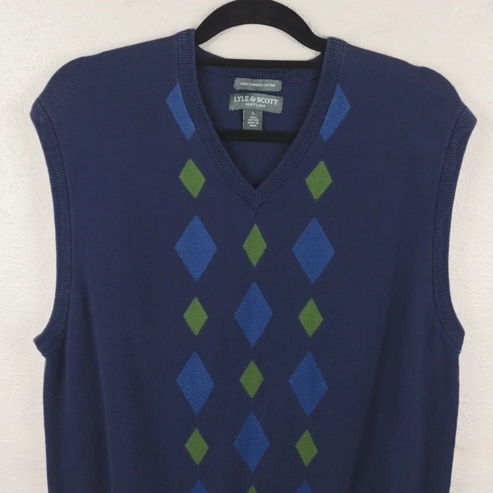 Lyle & Scott Scotland Dark Blue Argyle V-Neck Lightweight Pullover Sweater Vest